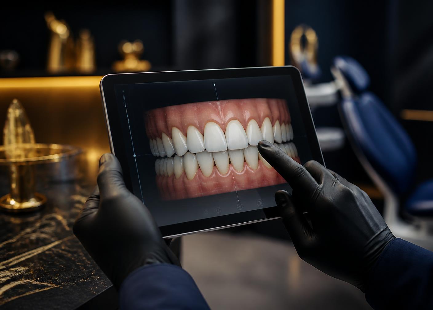 Digital smile design simulation shown on a tablet